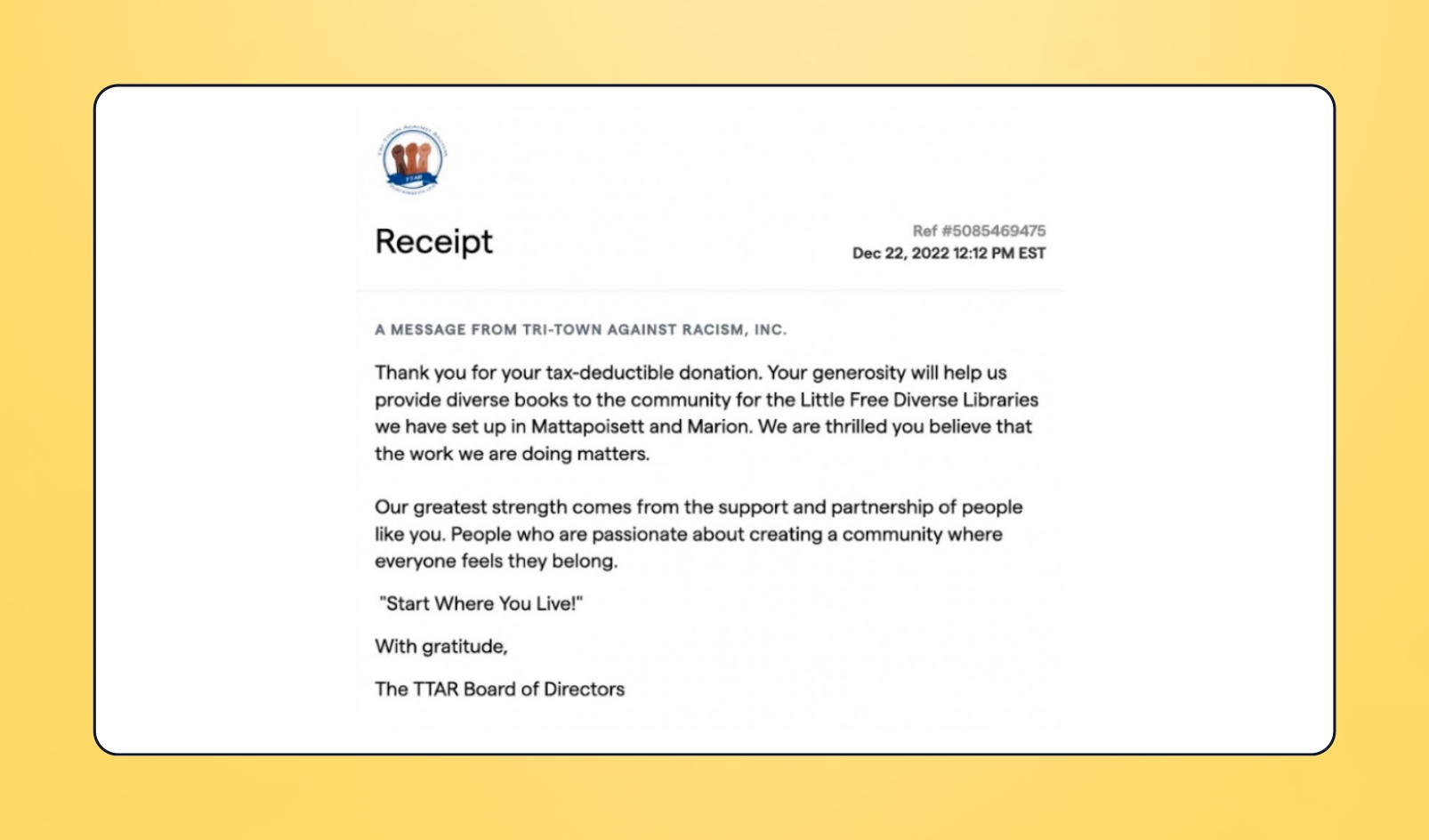 Image of a donation receipt example
